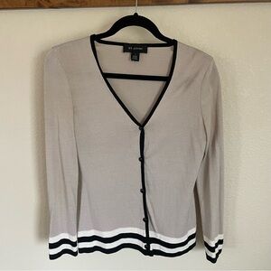 St. John Wool Blend Taupe Cardigan with Black Trim and Stripe Detail Workwear